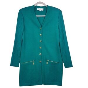 St. John Collection by Marie Gray Teal Knit Zip Pocket Cardigan Sz 6
